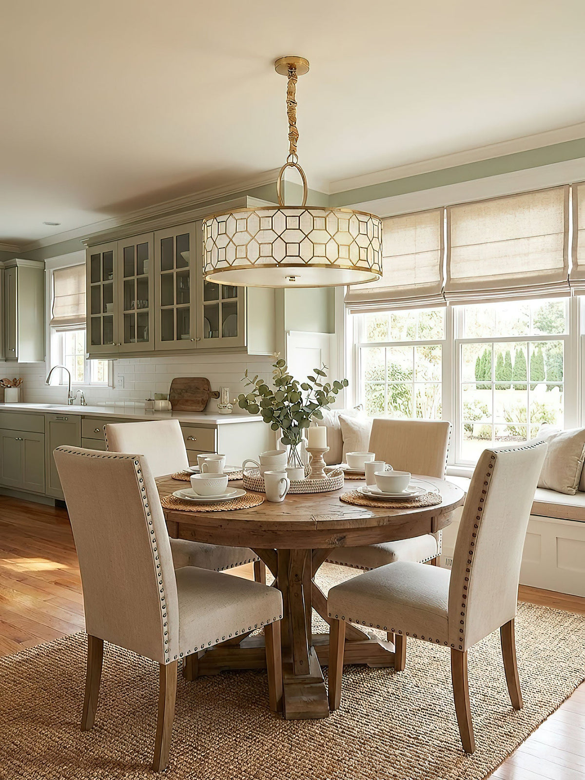 Allegretto Round Pendant Light in Burnished Gold Leaf with Linen Shade