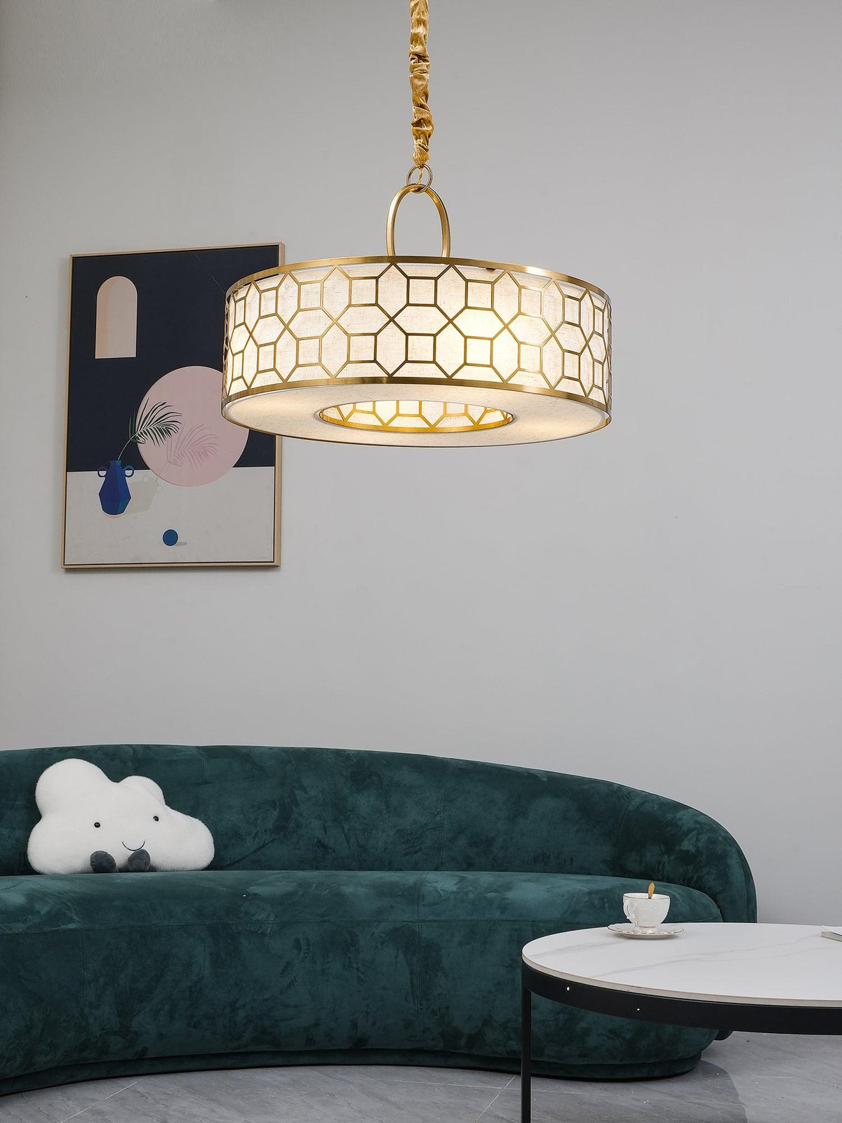 Allegretto Round Pendant Light in Burnished Gold Leaf with Linen Shade