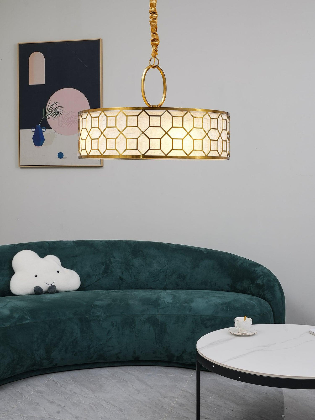 Allegretto Round Pendant Light in Burnished Gold Leaf with Linen Shade