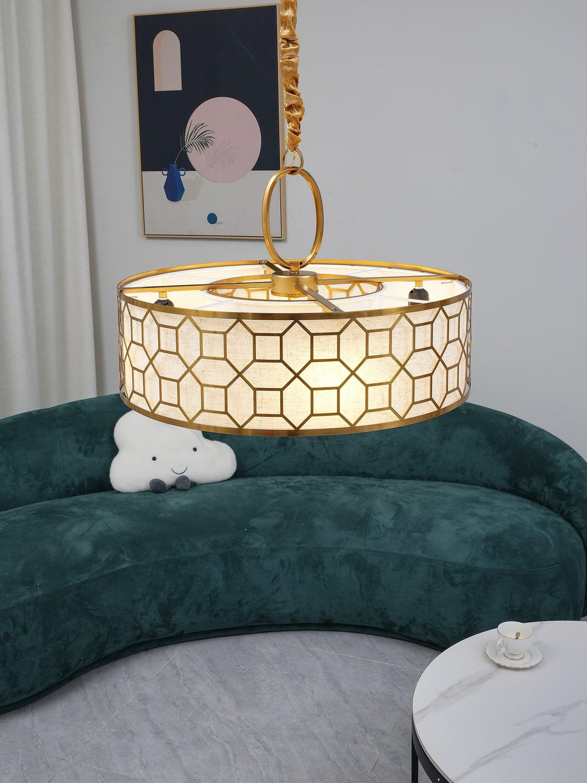 Allegretto Round Pendant Light in Burnished Gold Leaf with Linen Shade