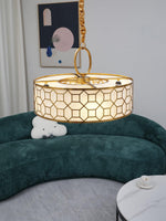 Allegretto Round Pendant Light in Burnished Gold Leaf with Linen Shade