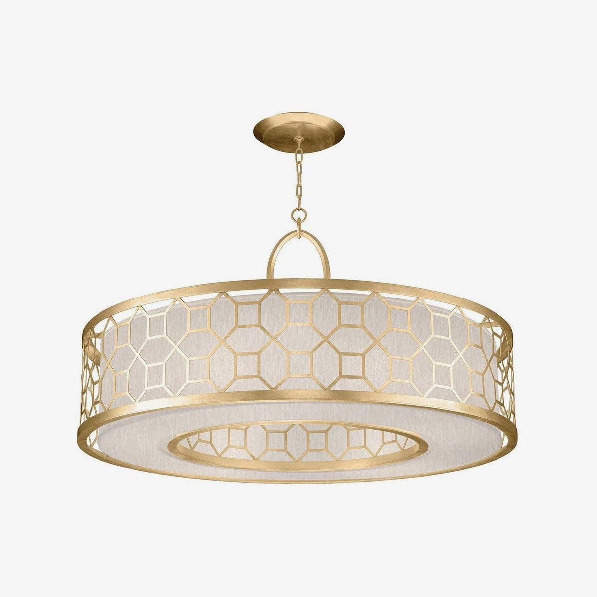 Allegretto Round Pendant Light in Burnished Gold Leaf with Linen Shade