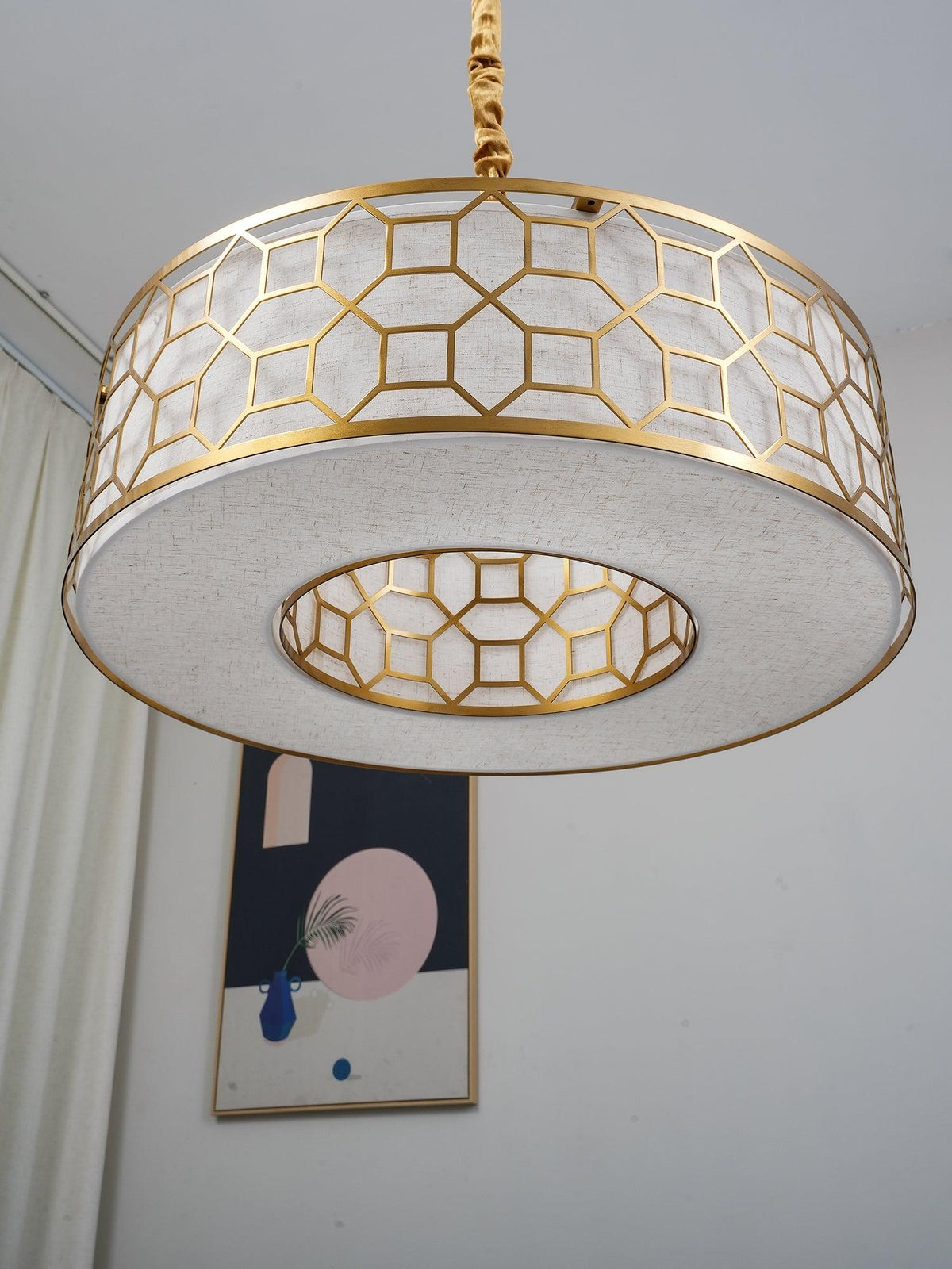 Allegretto Round Pendant Light in Burnished Gold Leaf with Linen Shade