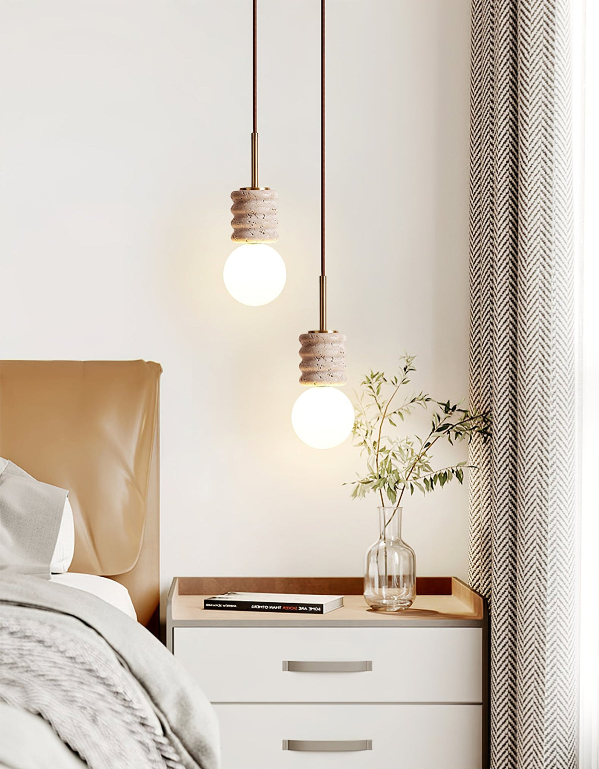 Alvia Travertine Pendant Light – Sculpted Stone & Brass Modern Hanging Lamp