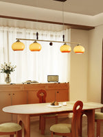 Amber Trio Pendant Light – Brass & Wood Linear Chandelier