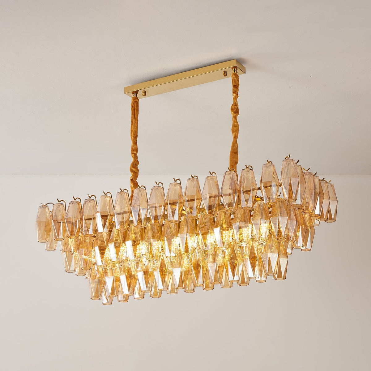 Amber Prism Glass Chandelier with Gold Frame – Modern Luxury Lighting
