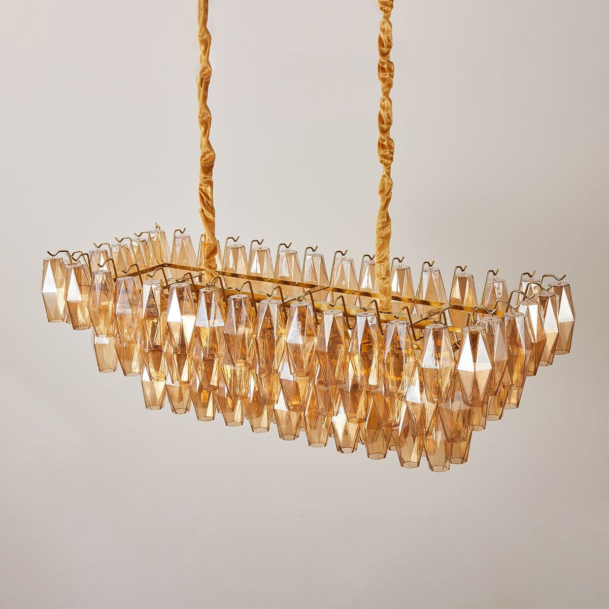 Amber Prism Glass Chandelier with Gold Frame – Modern Luxury Lighting