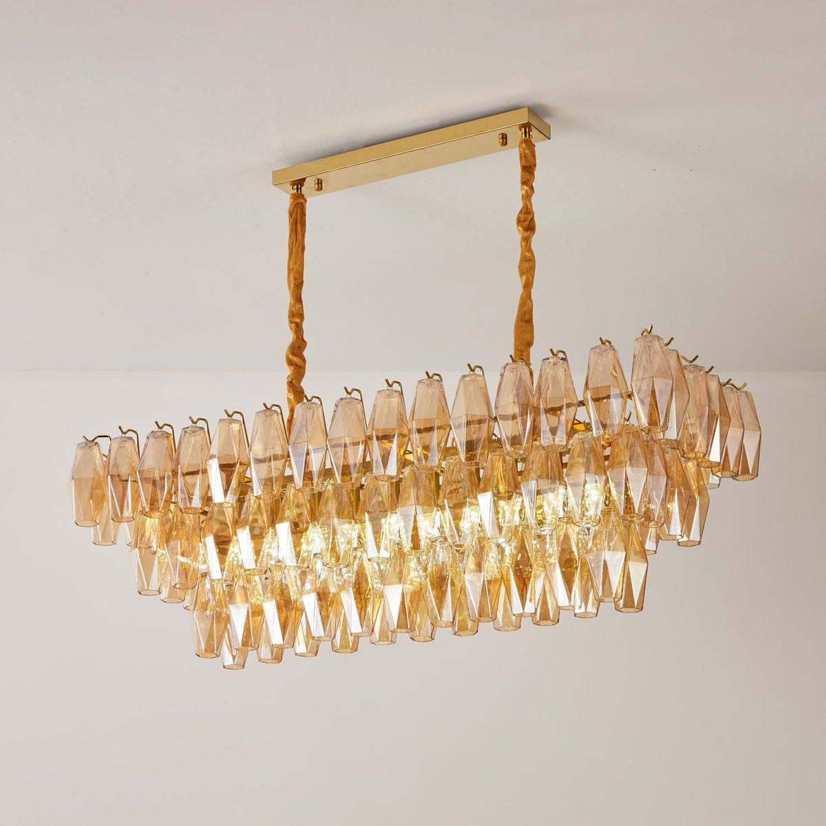 Amber Prism Glass Chandelier with Gold Frame – Modern Luxury Lighting