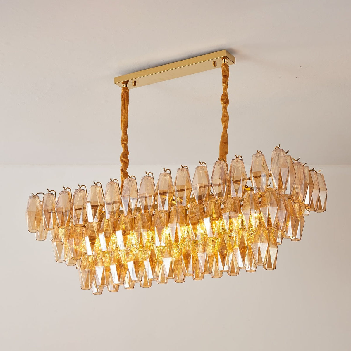 Amber Prism Glass Chandelier with Gold Frame – Modern Luxury Lighting