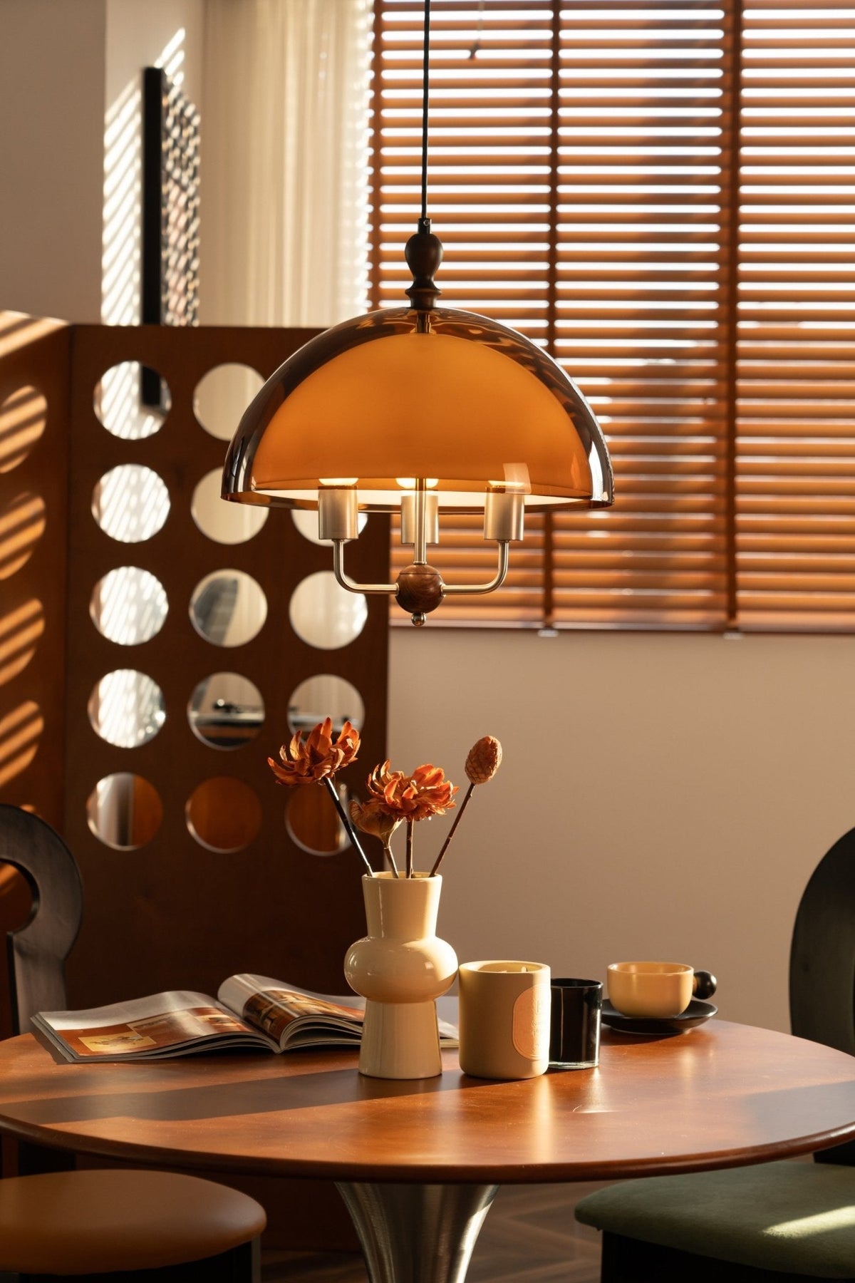 Amber Dome Pendant Light with Walnut Accents – Modern Retro Illumination
