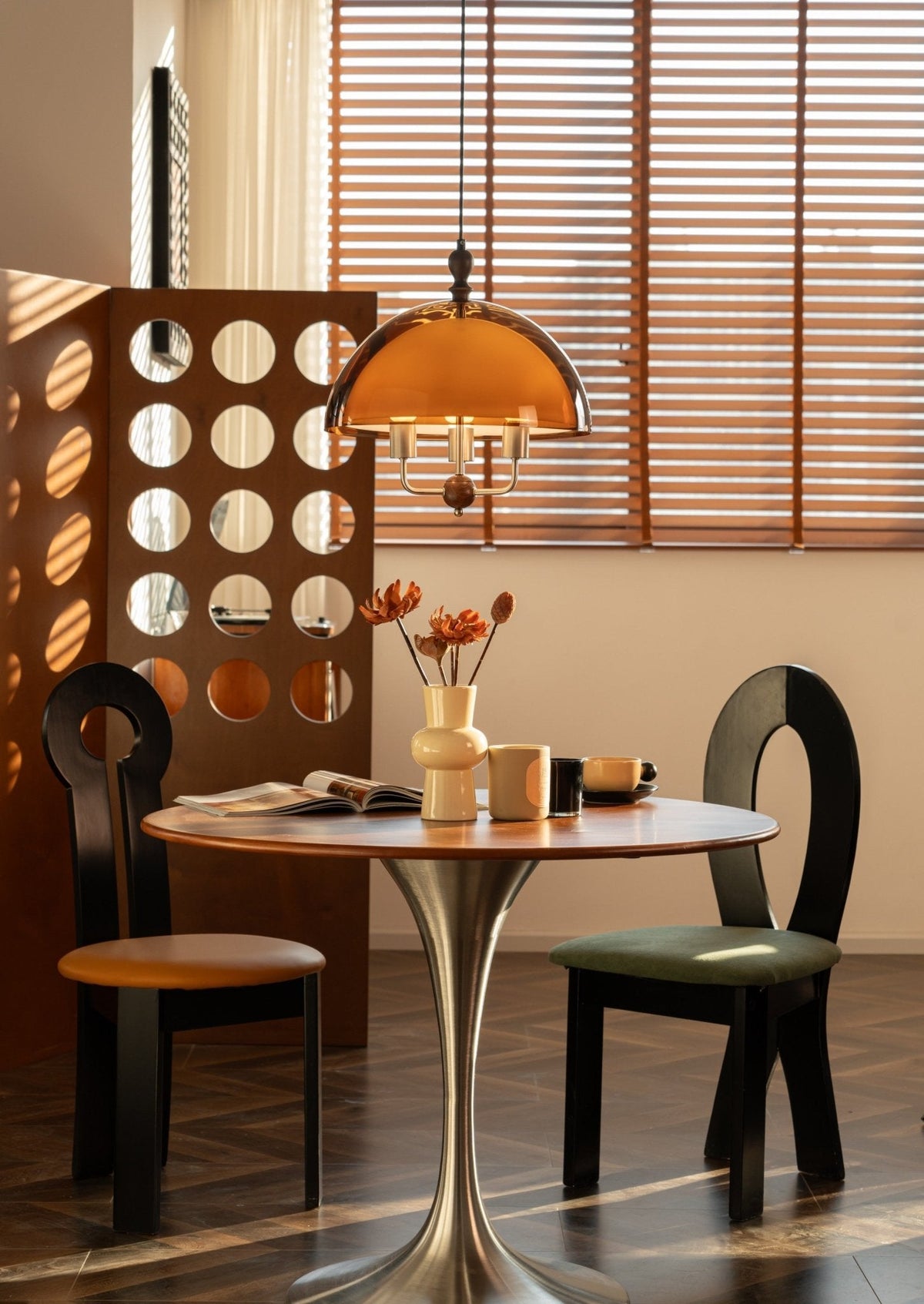 Amber Dome Pendant Light with Walnut Accents – Modern Retro Illumination