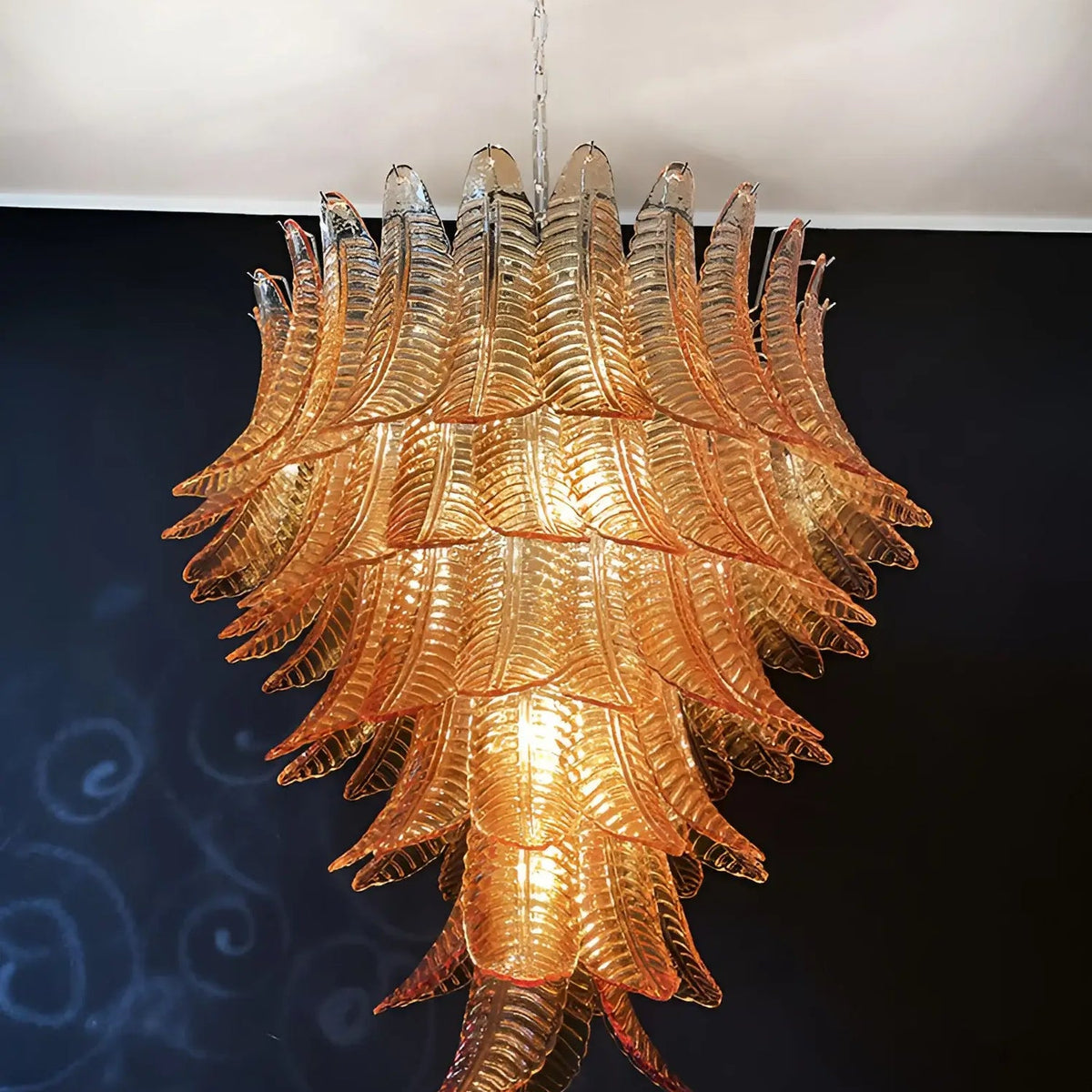 Amber Leaf Cascade Chandelier — Modern Art Glass Pendant for Dining Room