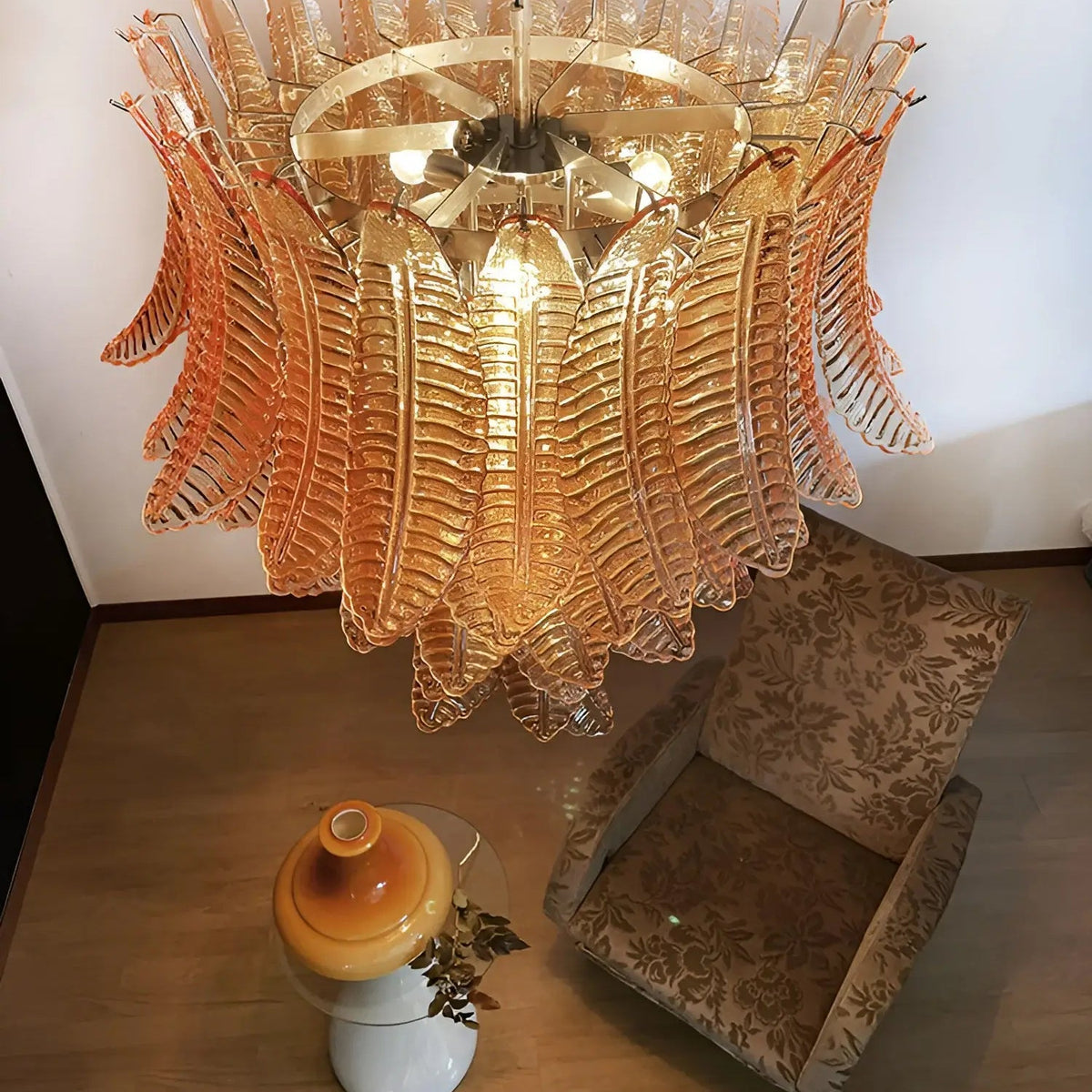 Amber Leaf Cascade Chandelier — Modern Art Glass Pendant for Dining Room