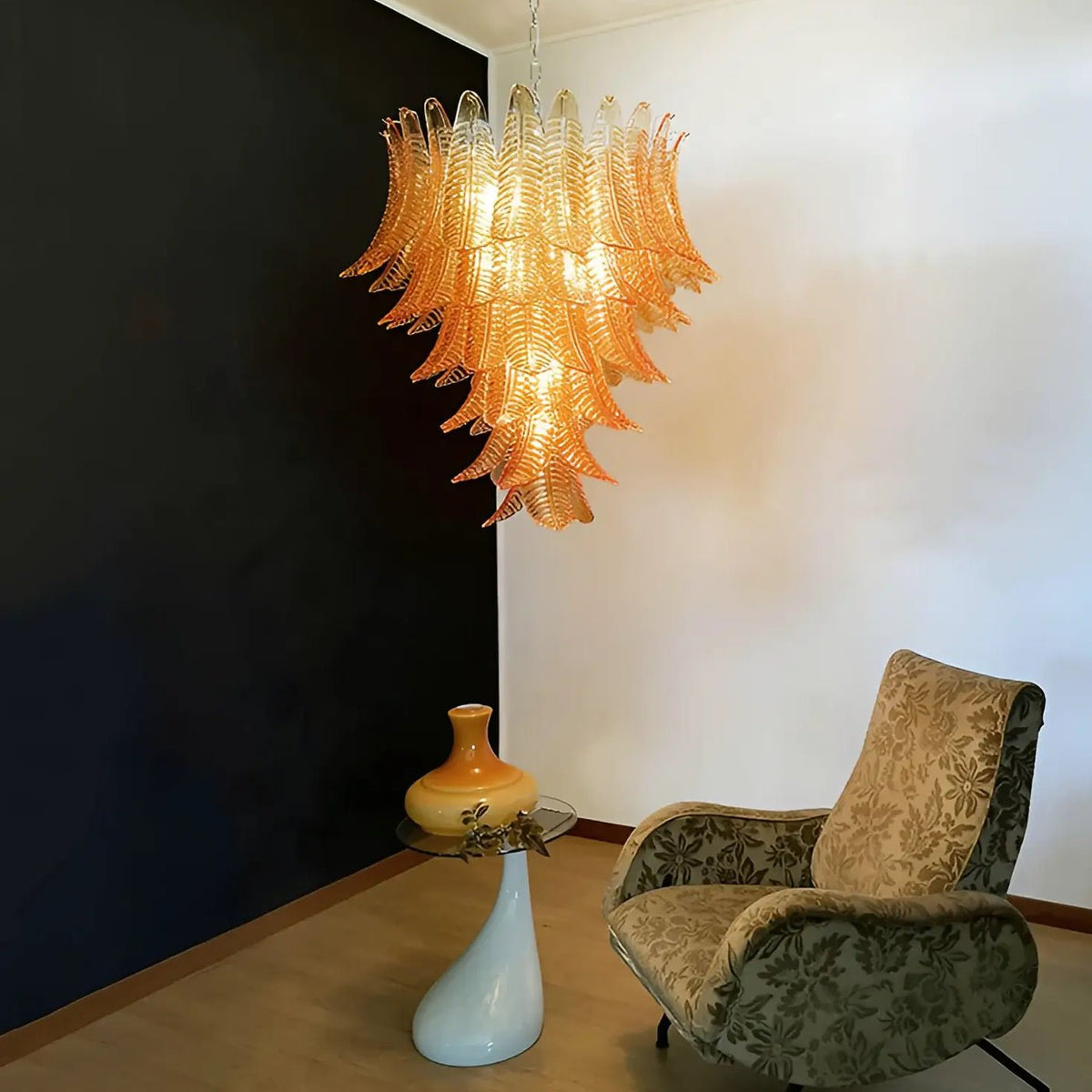 Amber Leaf Cascade Chandelier — Modern Art Glass Pendant for Dining Room
