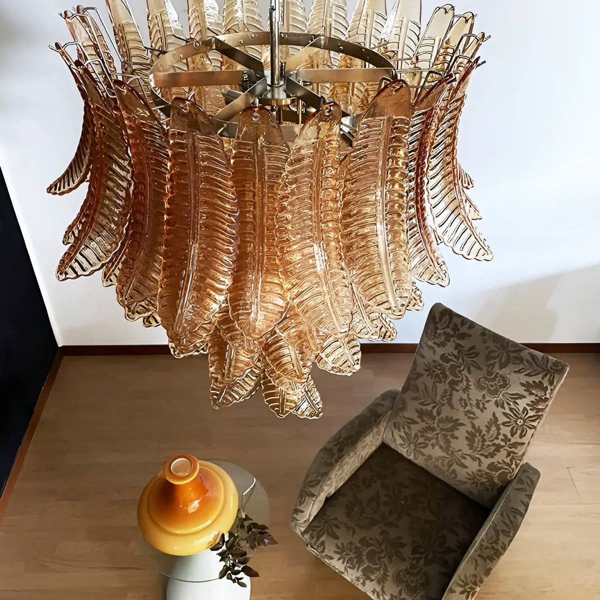 Amber Leaf Cascade Chandelier — Modern Art Glass Pendant for Dining Room