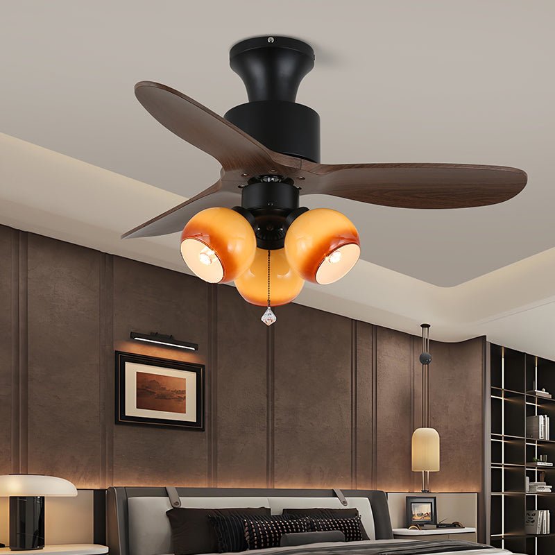 AmberGlo Retro Ceiling Fan Light with Walnut Blades and Amber Glass Shades