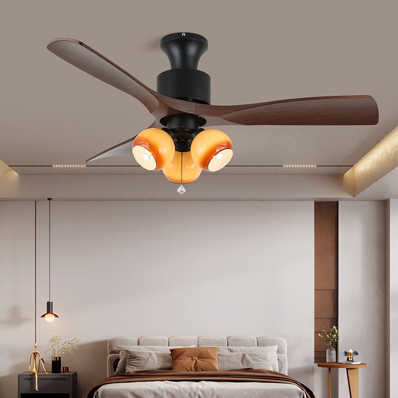 AmberGlo Retro Ceiling Fan Light with Walnut Blades and Amber Glass Shades