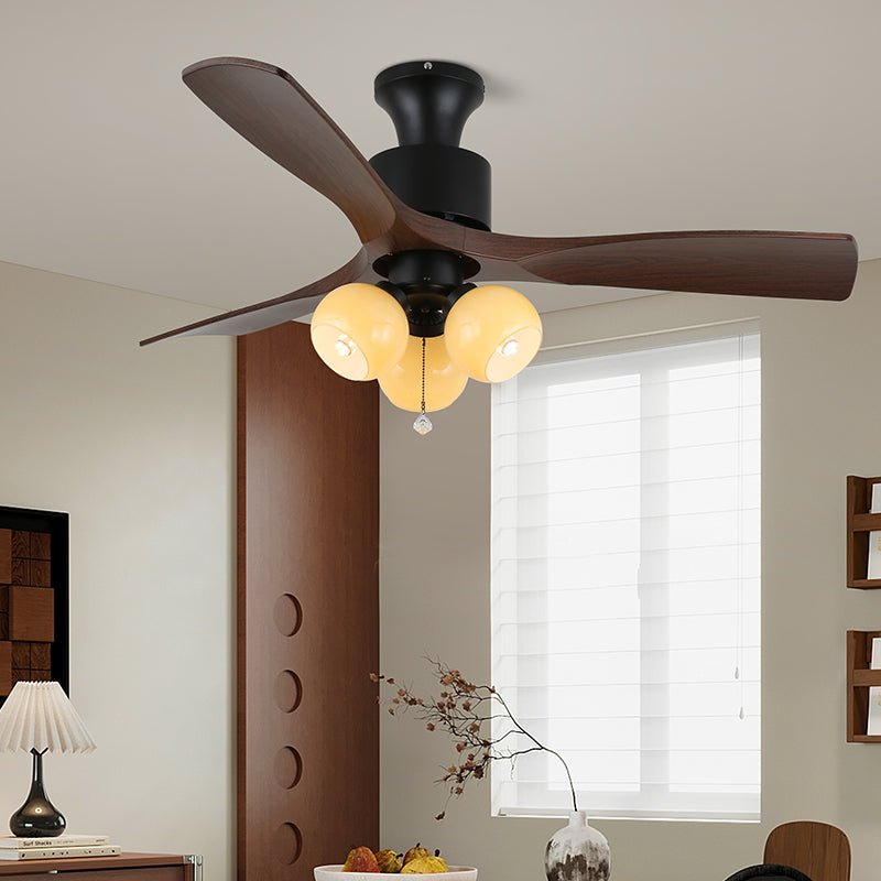 AmberGlo Retro Ceiling Fan Light with Walnut Blades and Amber Glass Shades