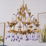 Amethyst Drops Crystal Chandelier with Gold Leaf Accents for Dining Room and Living Room