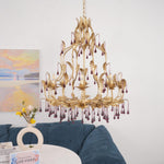 Amethyst Drops Crystal Chandelier with Gold Leaf Accents for Dining Room and Living Room