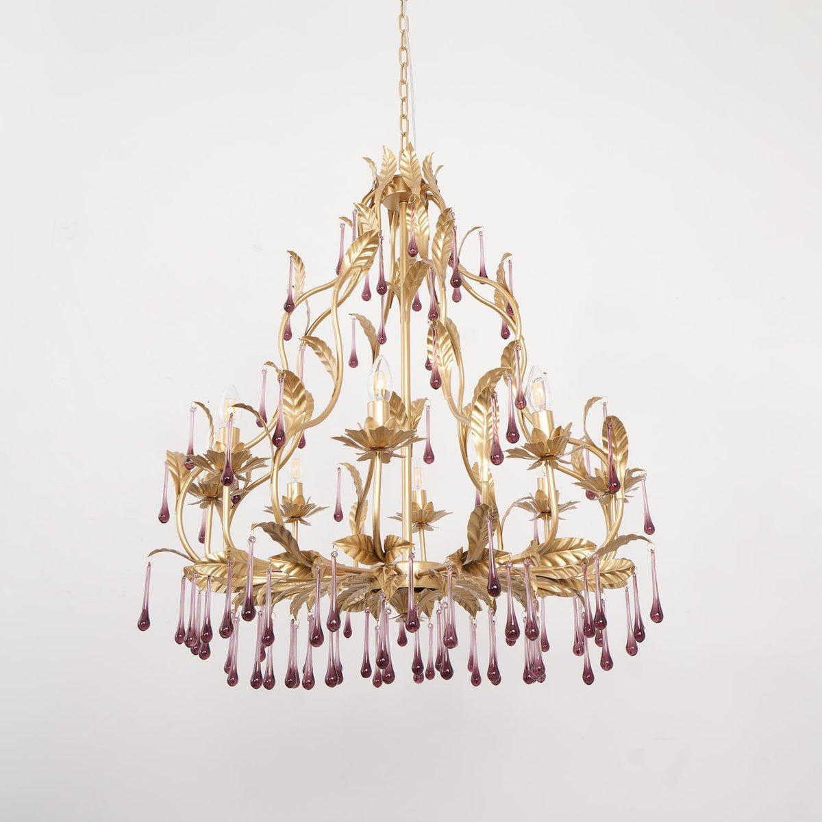 Amethyst Drops Crystal Chandelier with Gold Leaf Accents for Dining Room and Living Room