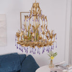 Amethyst Drops Crystal Chandelier with Gold Leaf Accents for Dining Room and Living Room