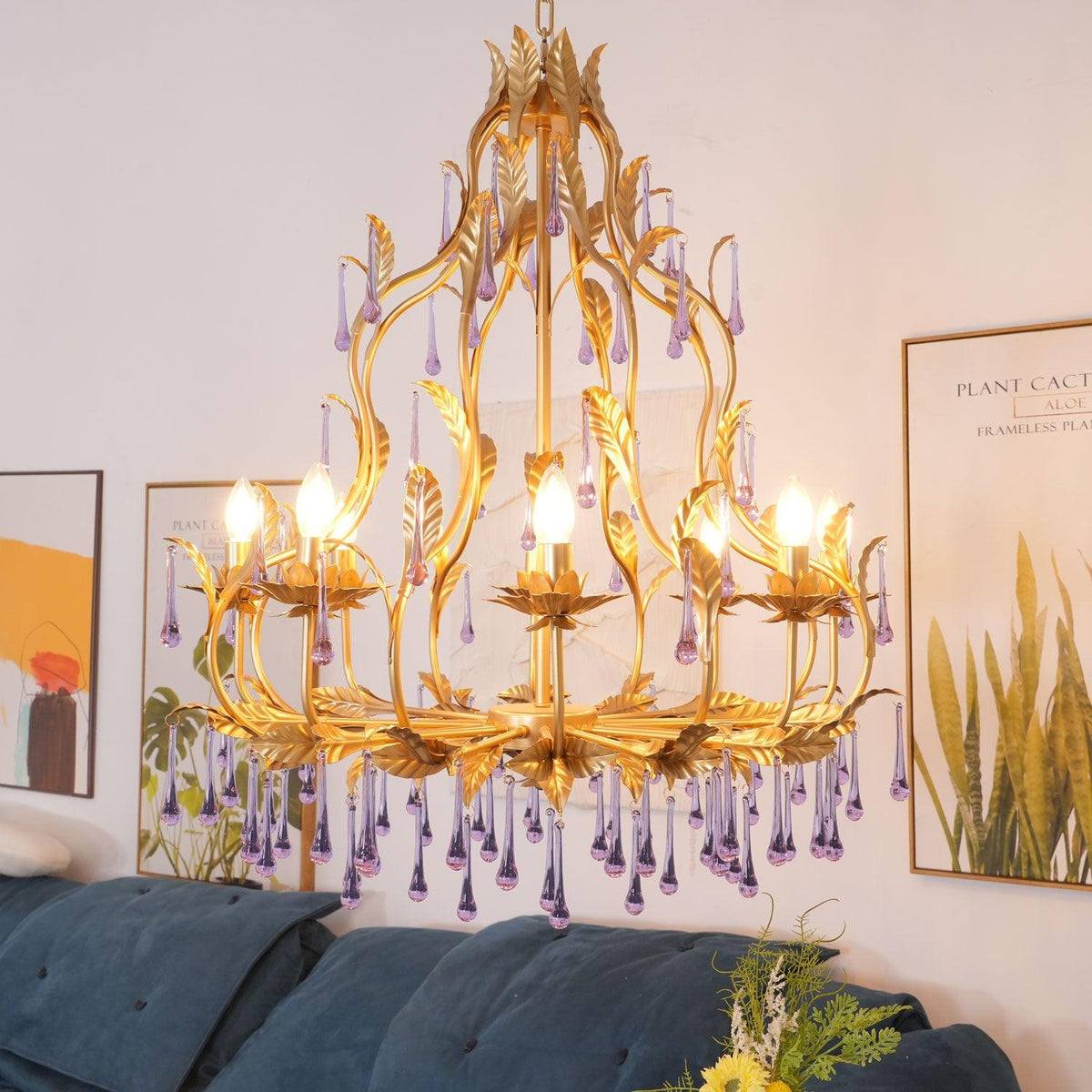 Amethyst Drops Crystal Chandelier with Gold Leaf Accents for Dining Room and Living Room