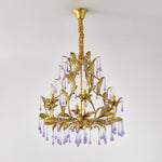 Amethyst Drops Crystal Chandelier with Gold Leaf Accents for Dining Room and Living Room