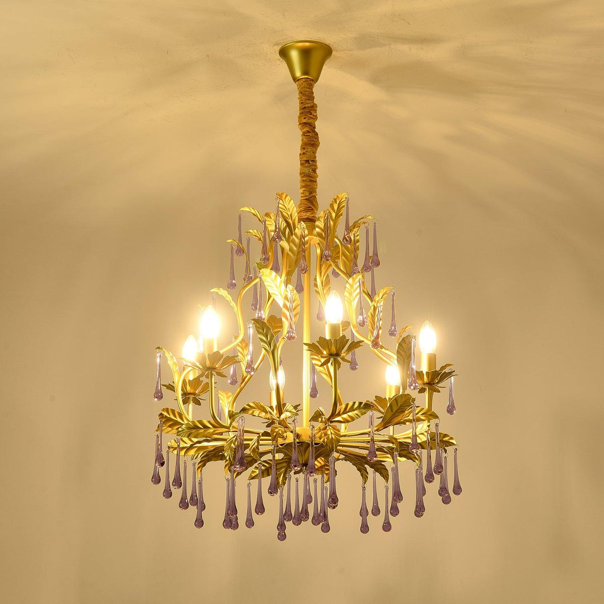 Amethyst Drops Crystal Chandelier with Gold Leaf Accents for Dining Room and Living Room