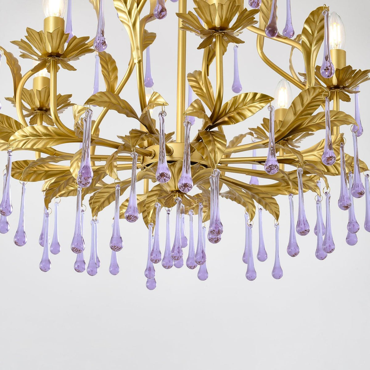 Amethyst Drops Crystal Chandelier with Gold Leaf Accents for Dining Room and Living Room