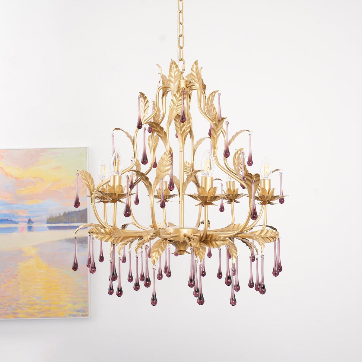 Amethyst Drops Crystal Chandelier with Gold Leaf Accents for Dining Room and Living Room
