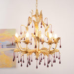 Amethyst Drops Crystal Chandelier with Gold Leaf Accents for Dining Room and Living Room