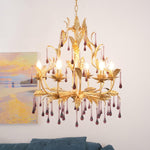 Amethyst Drops Crystal Chandelier with Gold Leaf Accents for Dining Room and Living Room