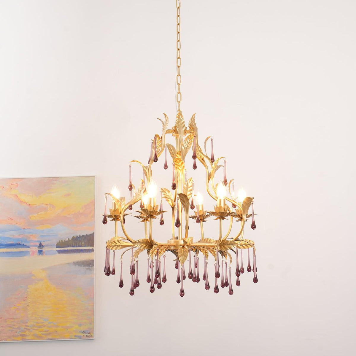 Amethyst Drops Crystal Chandelier with Gold Leaf Accents for Dining Room and Living Room