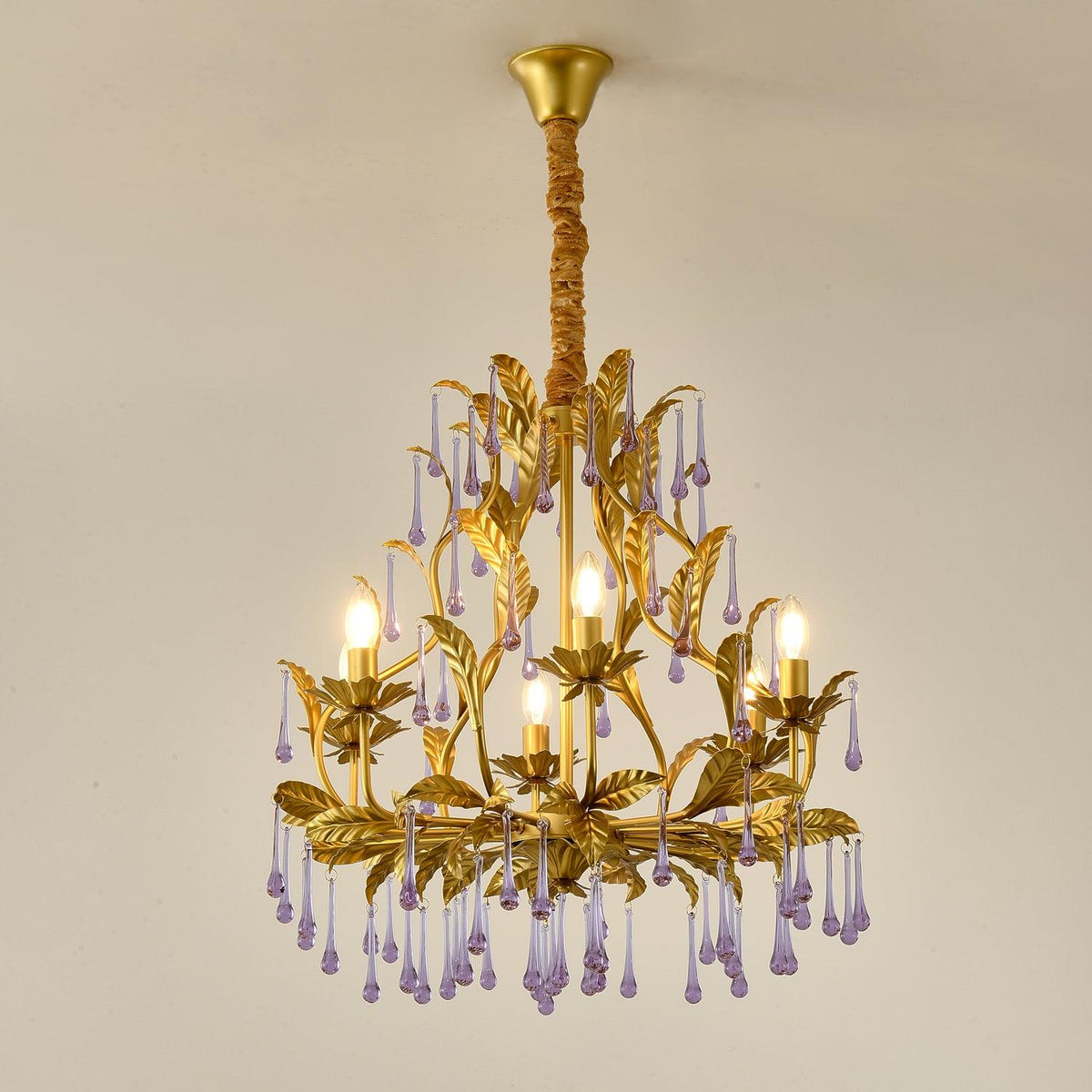 Amethyst Drops Crystal Chandelier with Gold Leaf Accents for Dining Room and Living Room