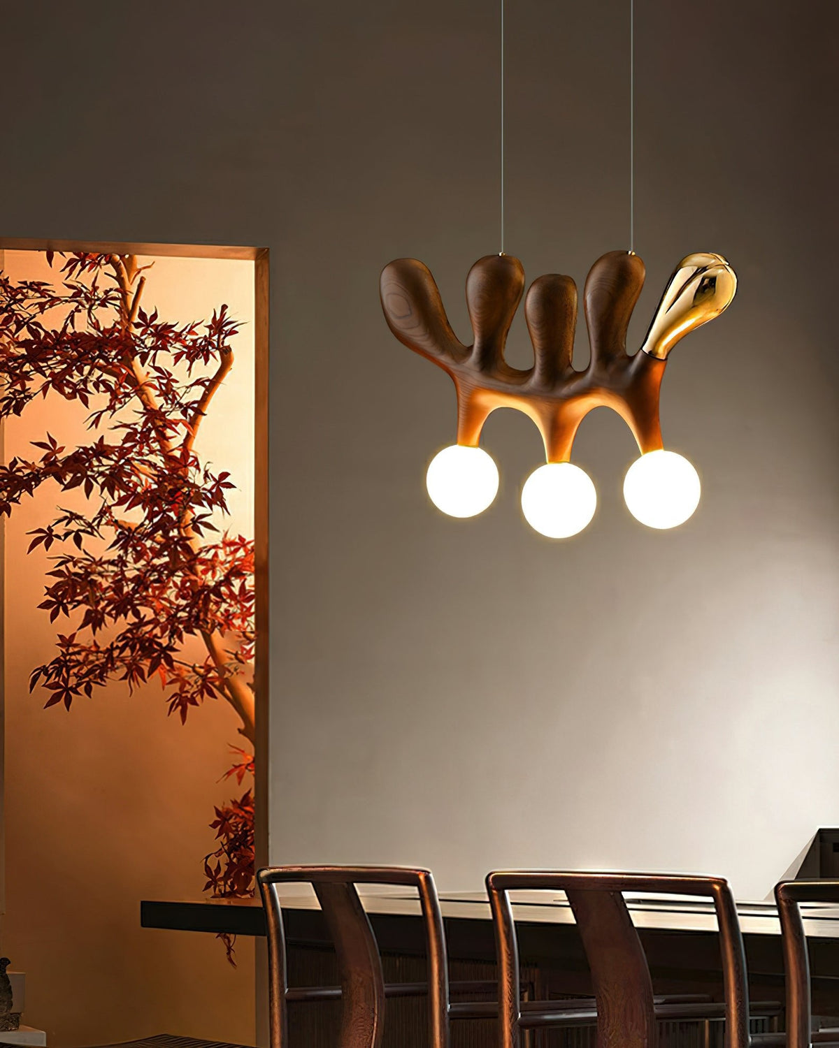 Sculptural Wooden Pendant Light with Brass Accents for Modern Interiors