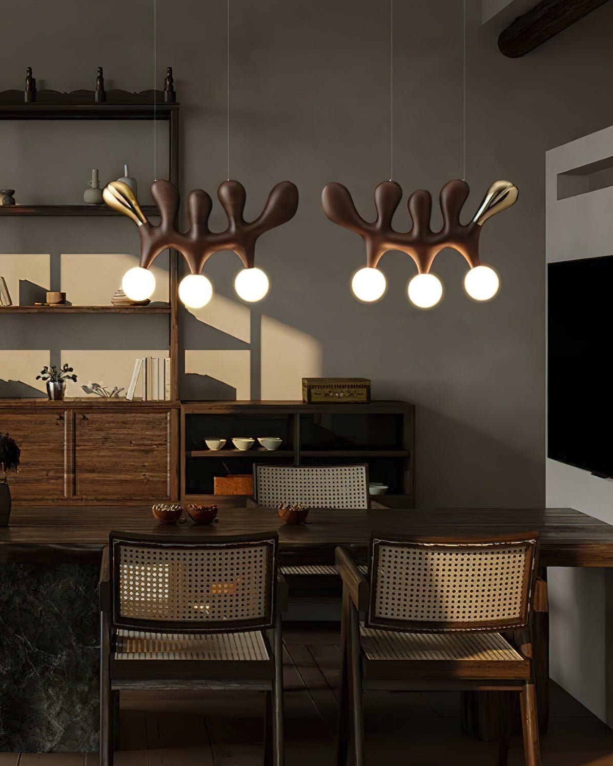 Sculptural Wooden Pendant Light with Brass Accents for Modern Interiors