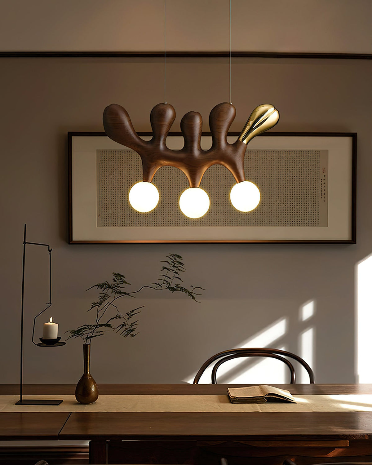 Sculptural Wooden Pendant Light with Brass Accents for Modern Interiors