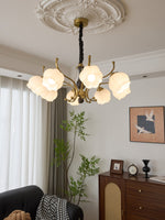 Antonia Modern Brass and Walnut Chandelier with Frosted Glass Shades