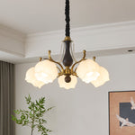 Antonia Modern Brass and Walnut Chandelier with Frosted Glass Shades