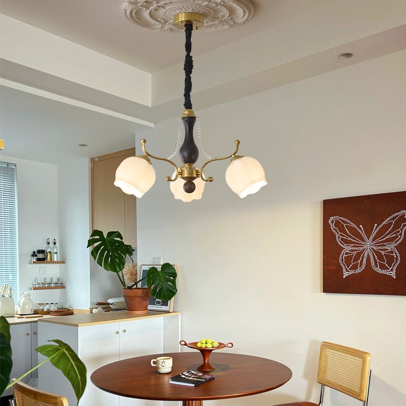 Antonia Modern Brass and Walnut Chandelier with Frosted Glass Shades