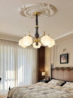 Antonia Modern Brass and Walnut Chandelier with Frosted Glass Shades
