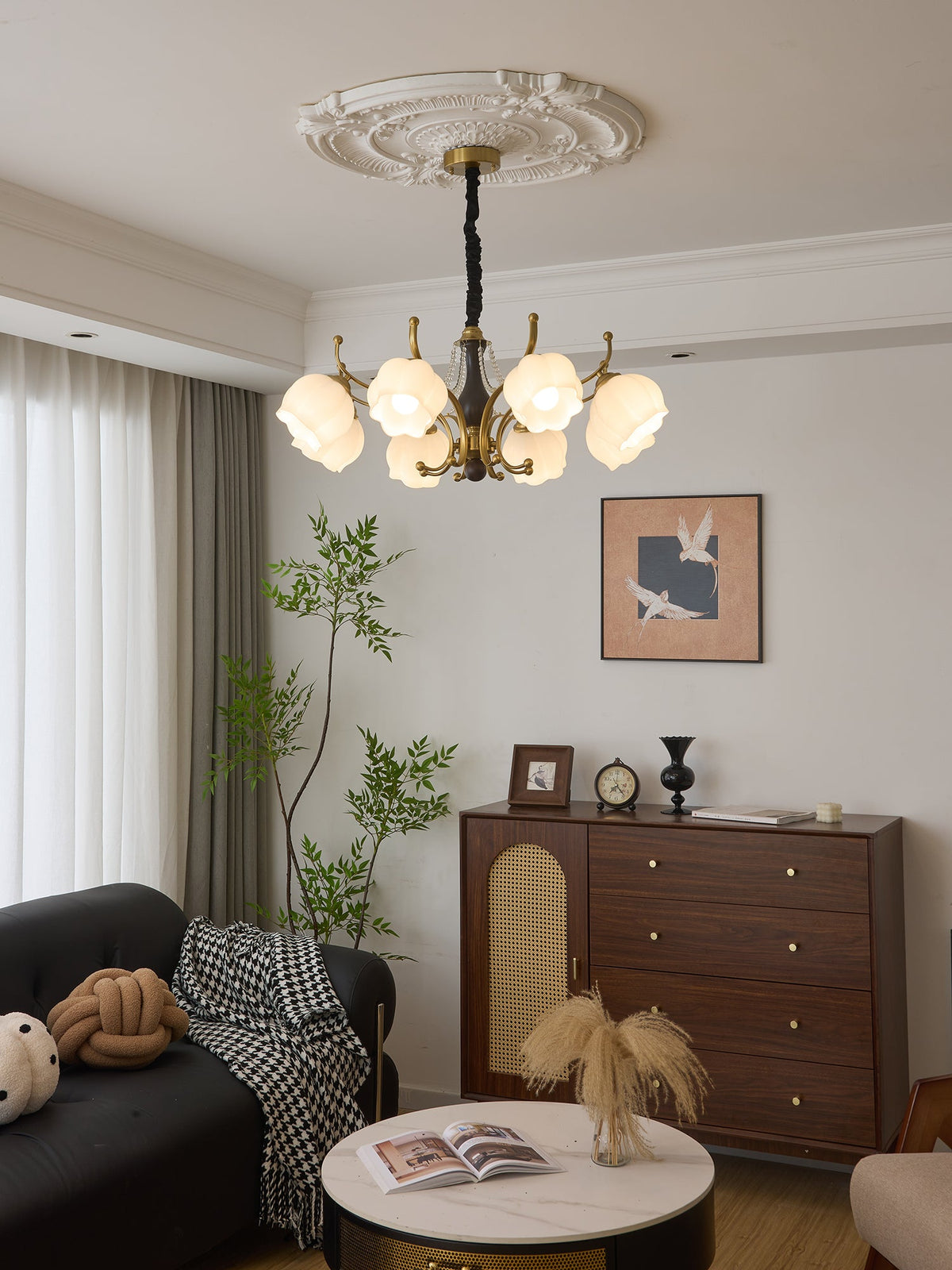 Antonia Modern Brass and Walnut Chandelier with Frosted Glass Shades