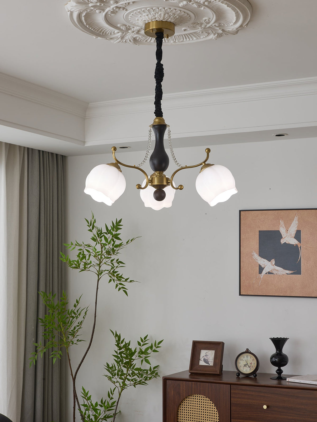 Antonia Modern Brass and Walnut Chandelier with Frosted Glass Shades