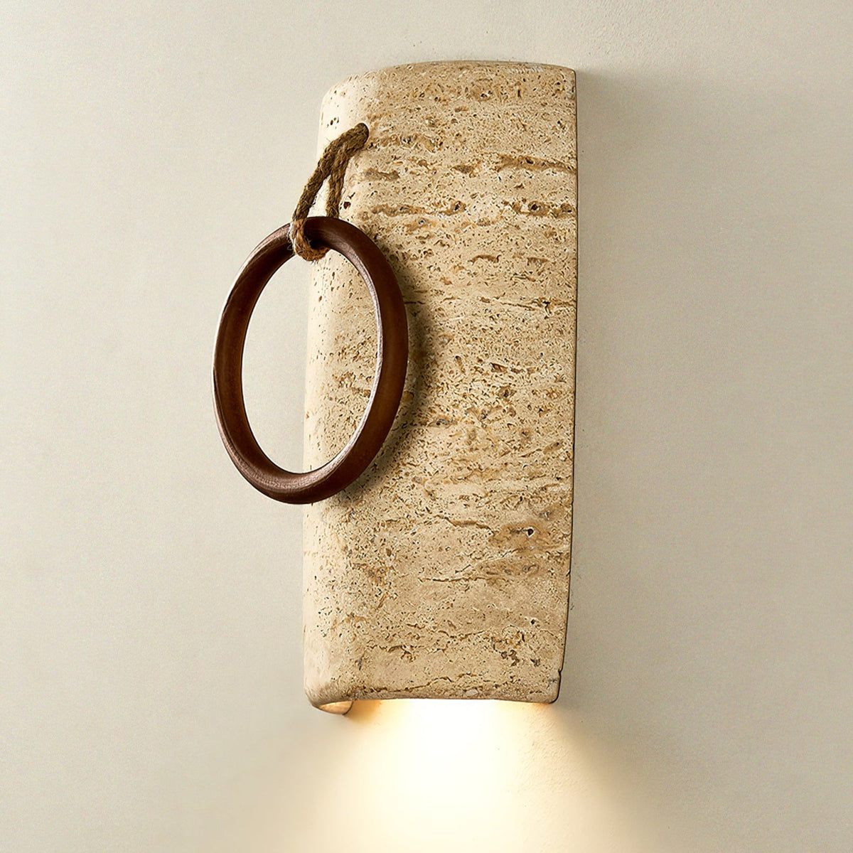 Anulo Travertine Wall Sconce with Wooden Ring Accent
