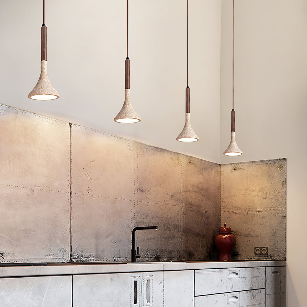 Aplomb Travertine Pendant Light – Natural Stone & Wood Minimalist Hanging Lamp