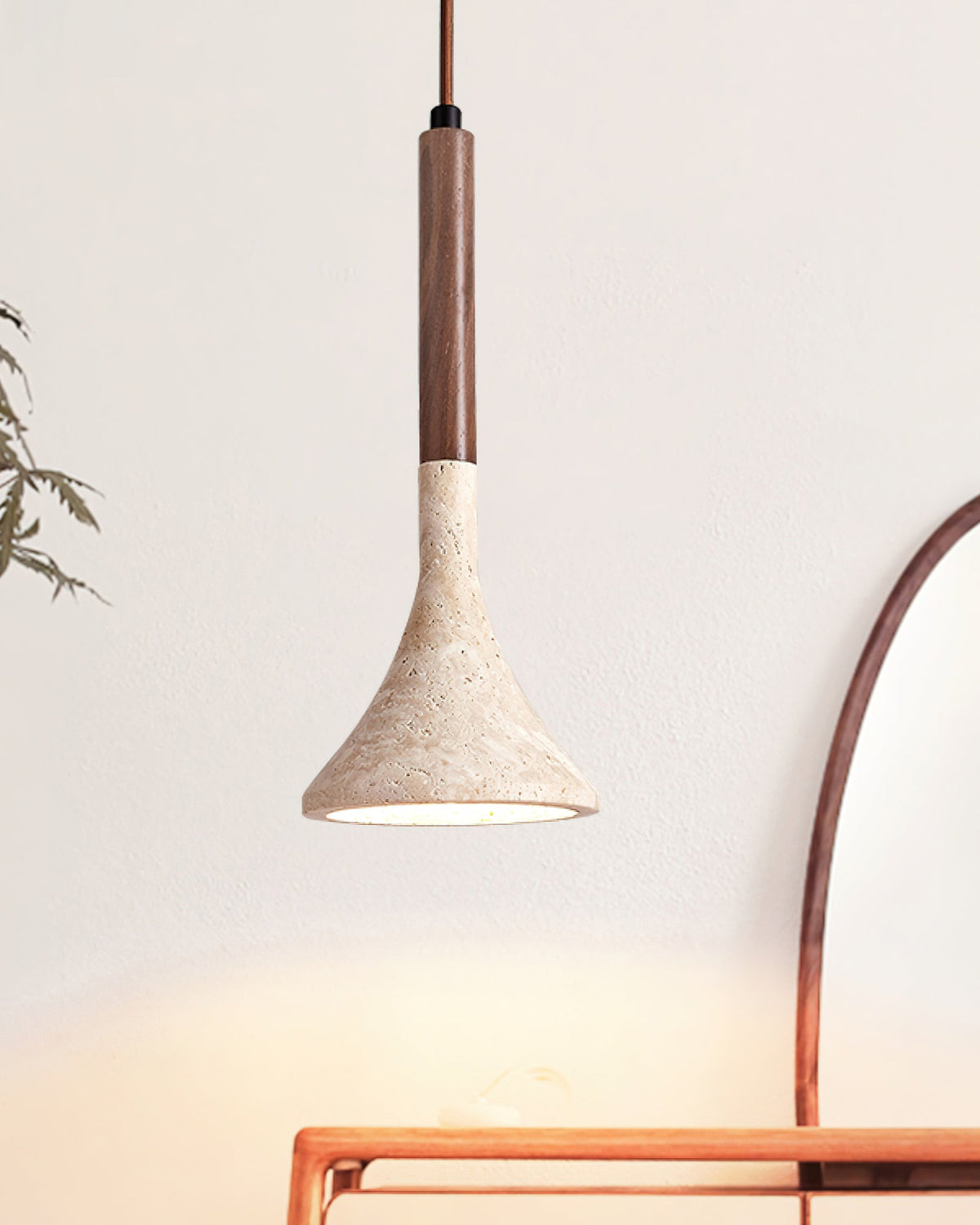 Aplomb Travertine Pendant Light – Natural Stone & Wood Minimalist Hanging Lamp