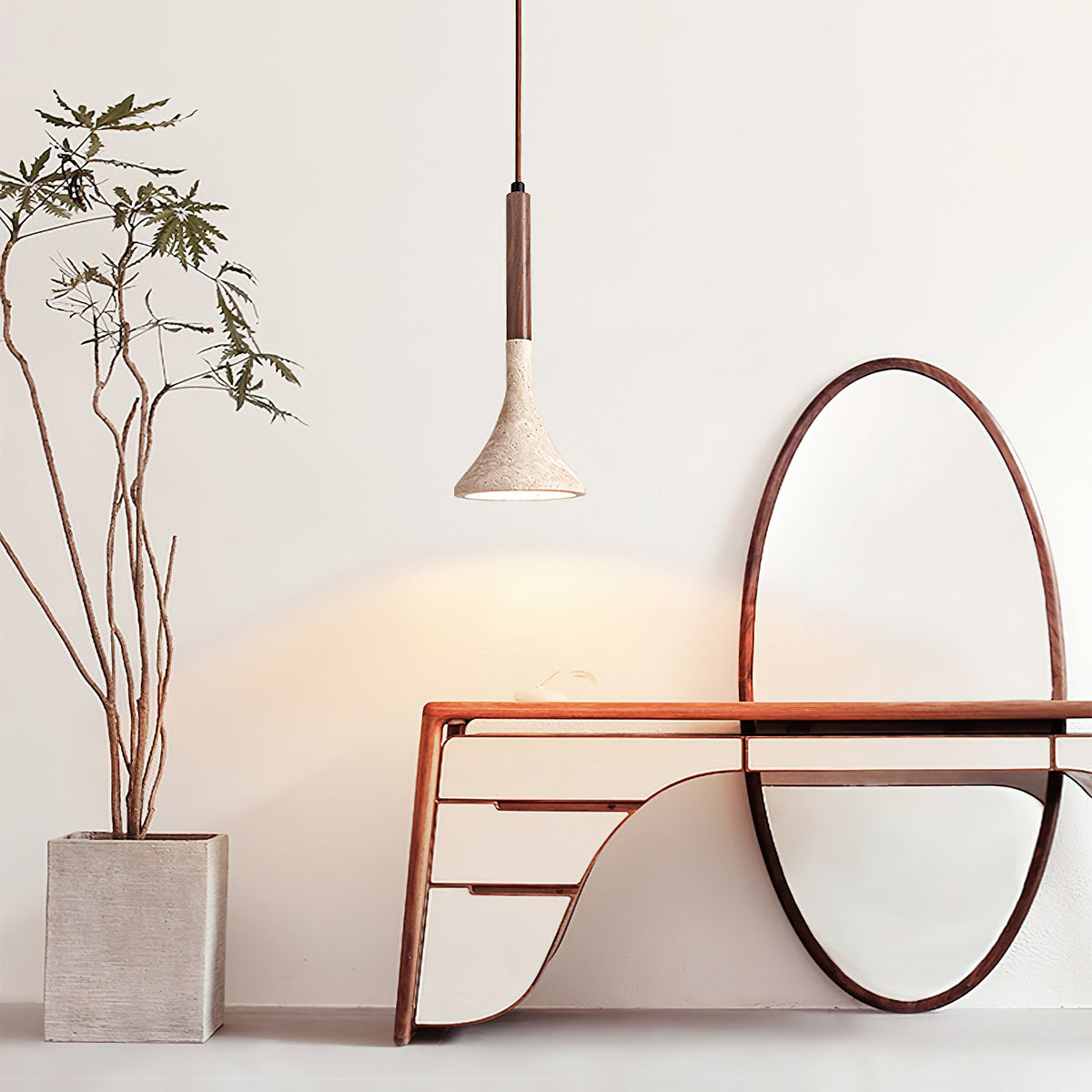 Aplomb Travertine Pendant Light – Natural Stone & Wood Minimalist Hanging Lamp