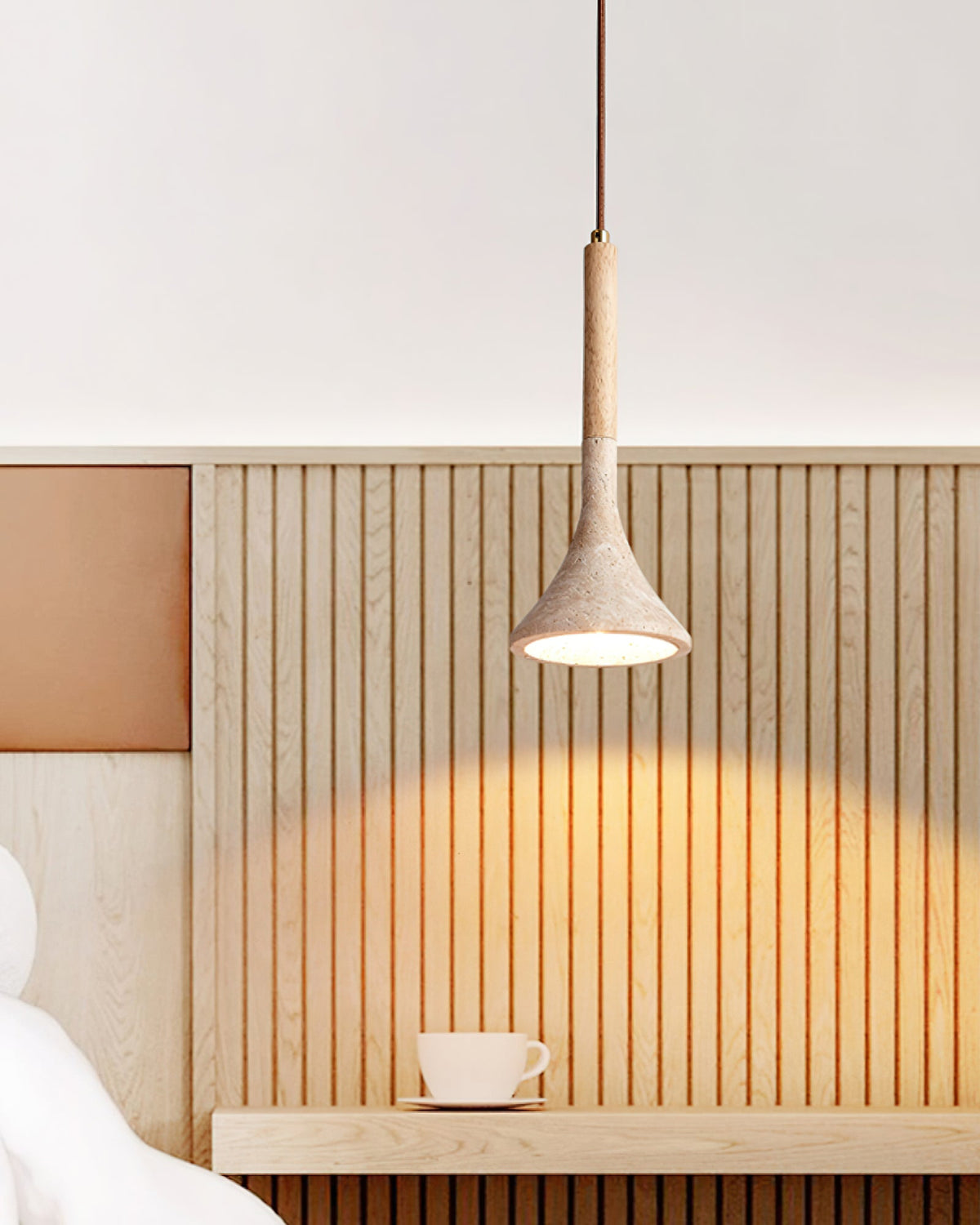 Aplomb Travertine Pendant Light – Natural Stone & Wood Minimalist Hanging Lamp
