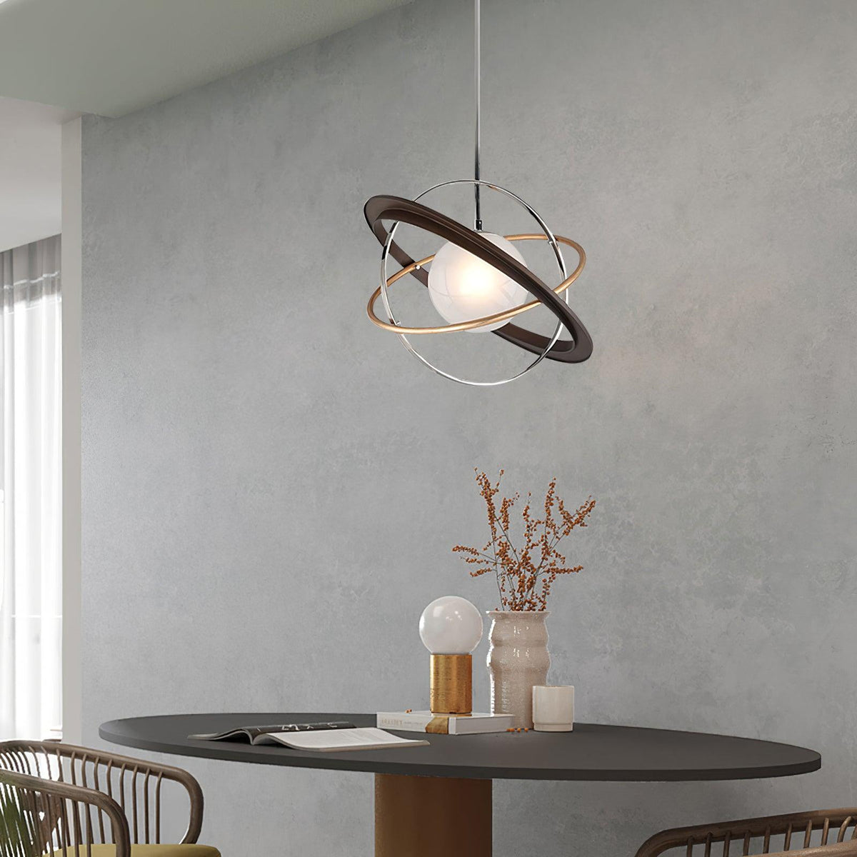 Apogee Modern Glass Pendant Light with Orbital Metal Rings